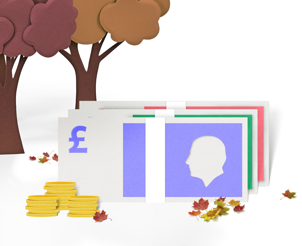 Illustration of a pile of coins and some pound notes in front of some autumn leaves