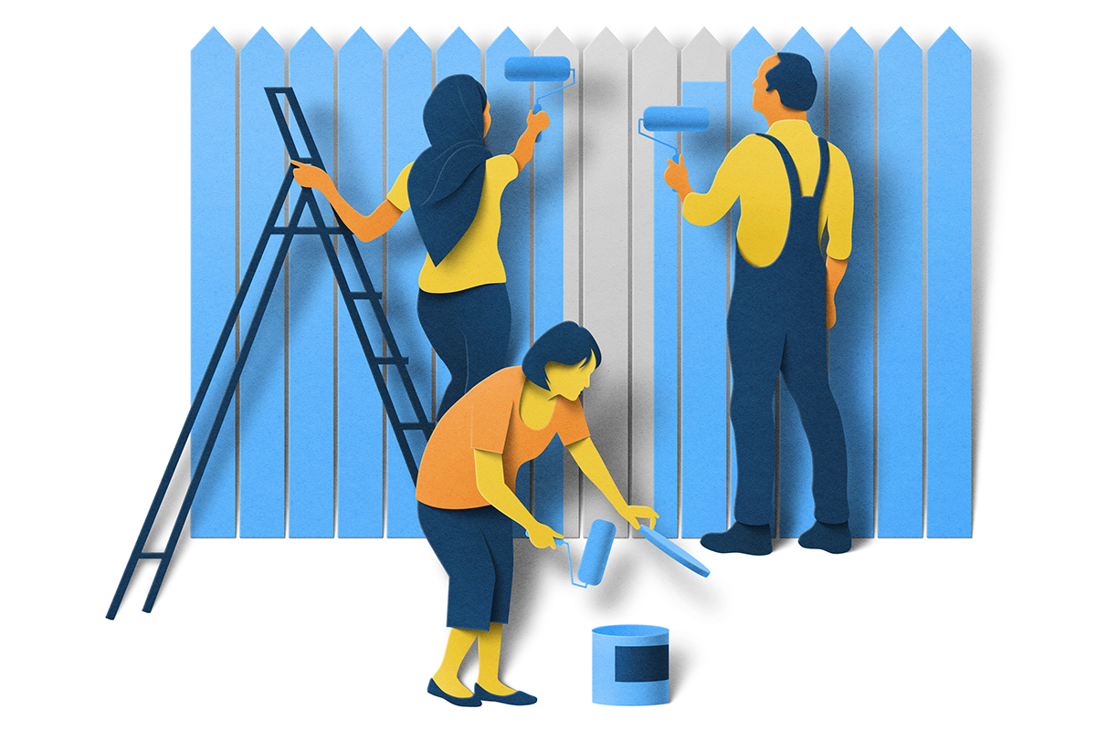 Illustration of family decorating fence