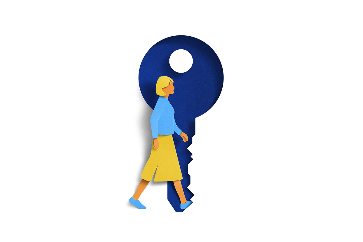 Illustration of a woman and a large house key