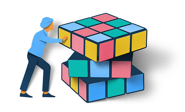 Illustration of a person completing a rubix cube puzzle