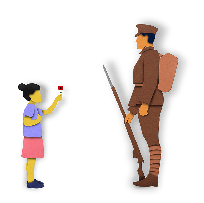 Girl holding poppy with soldier